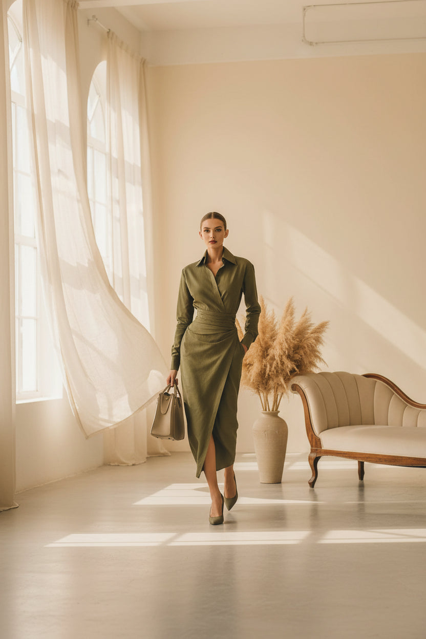 Czarina Chic Office-Friendly Fitted Asymmetric Long Sleeve Shirt Dress