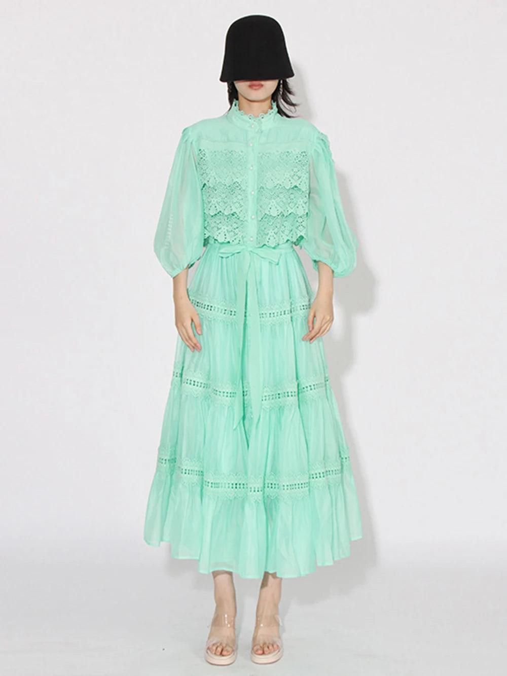 Eva  Stand Neck Short Sleeve  Lace Up Dress