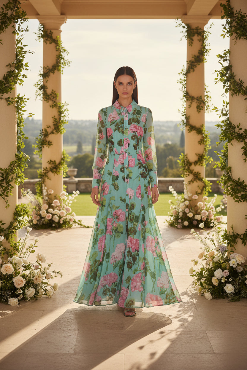 Paula collar long sleeved green printed long dress