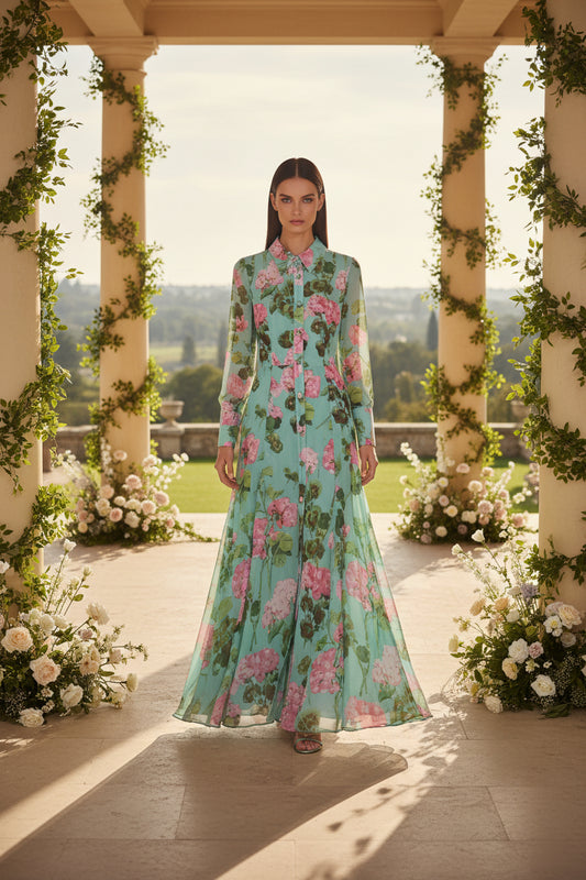 Paula collar long sleeved green printed long dress