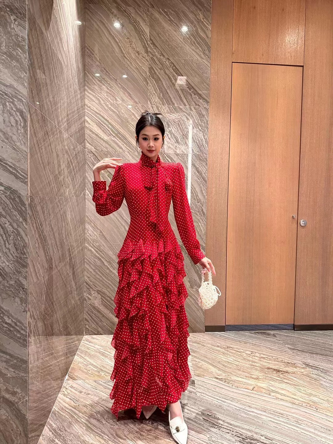 Hanna Polka Dot Print Waist Cinched Ruffle Edge Dress