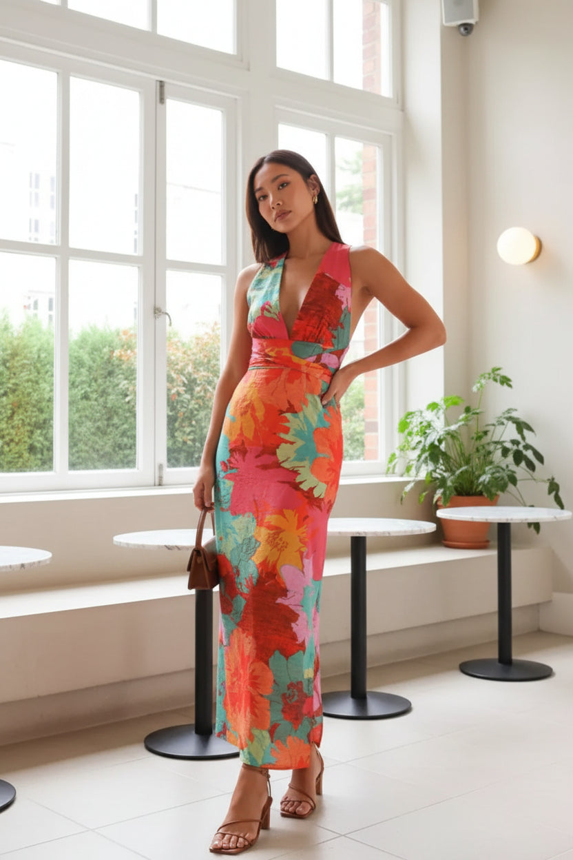 Hazel Split Crisscross Back Printed Plunge Maxi Dress