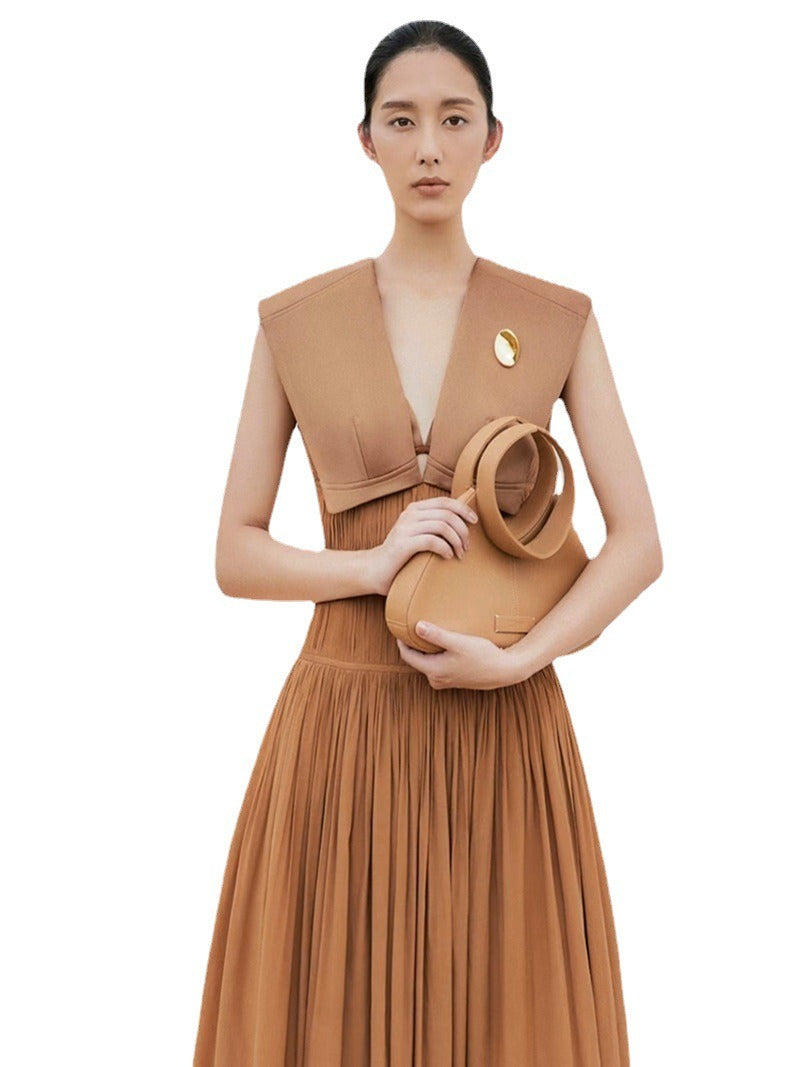 Terry V-neck Sleeveless Thin Pleated Dress