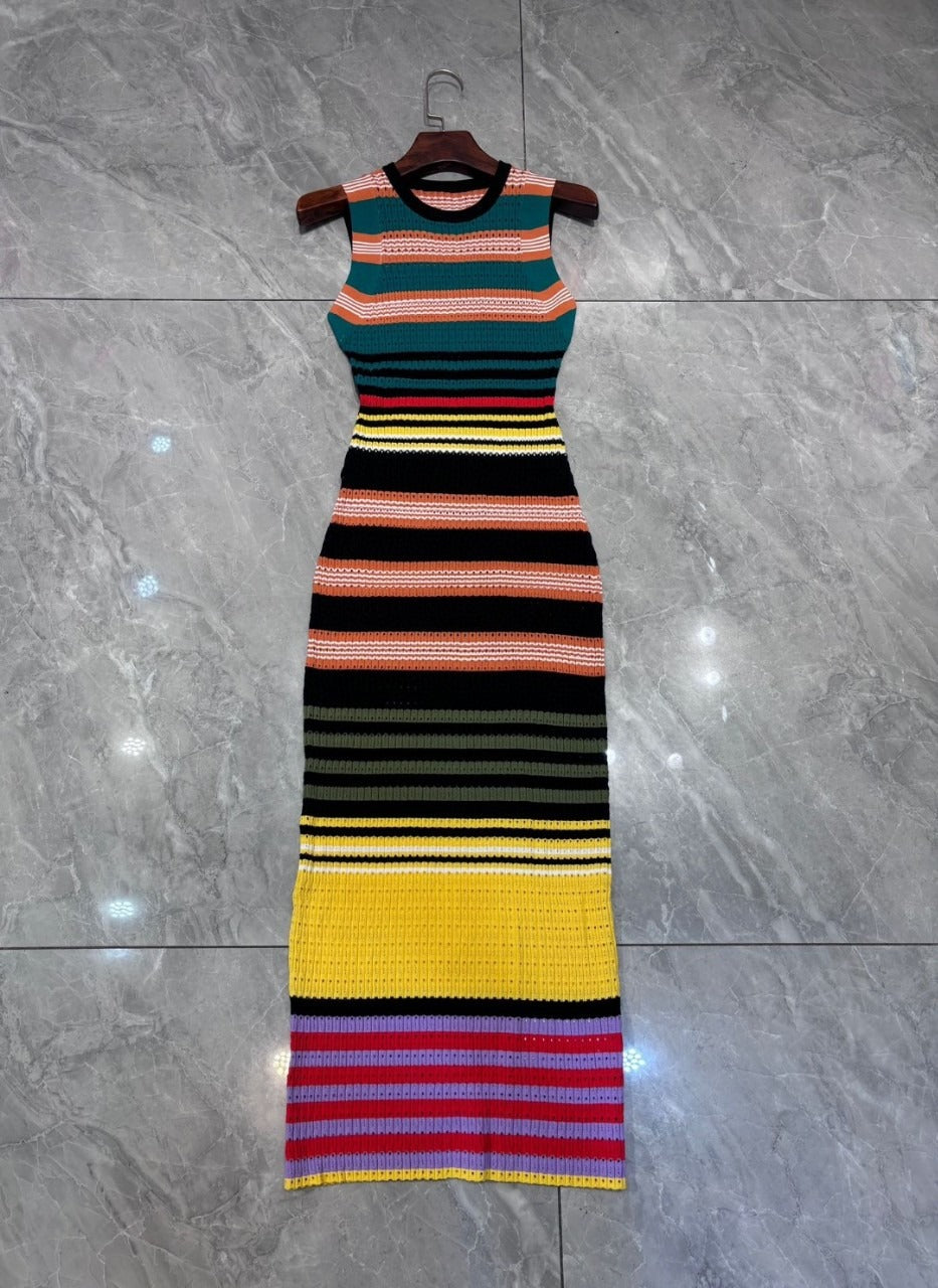 Lorna Colorful Horizontal Striped Jacquard Woven Slim Fit Knit Dress