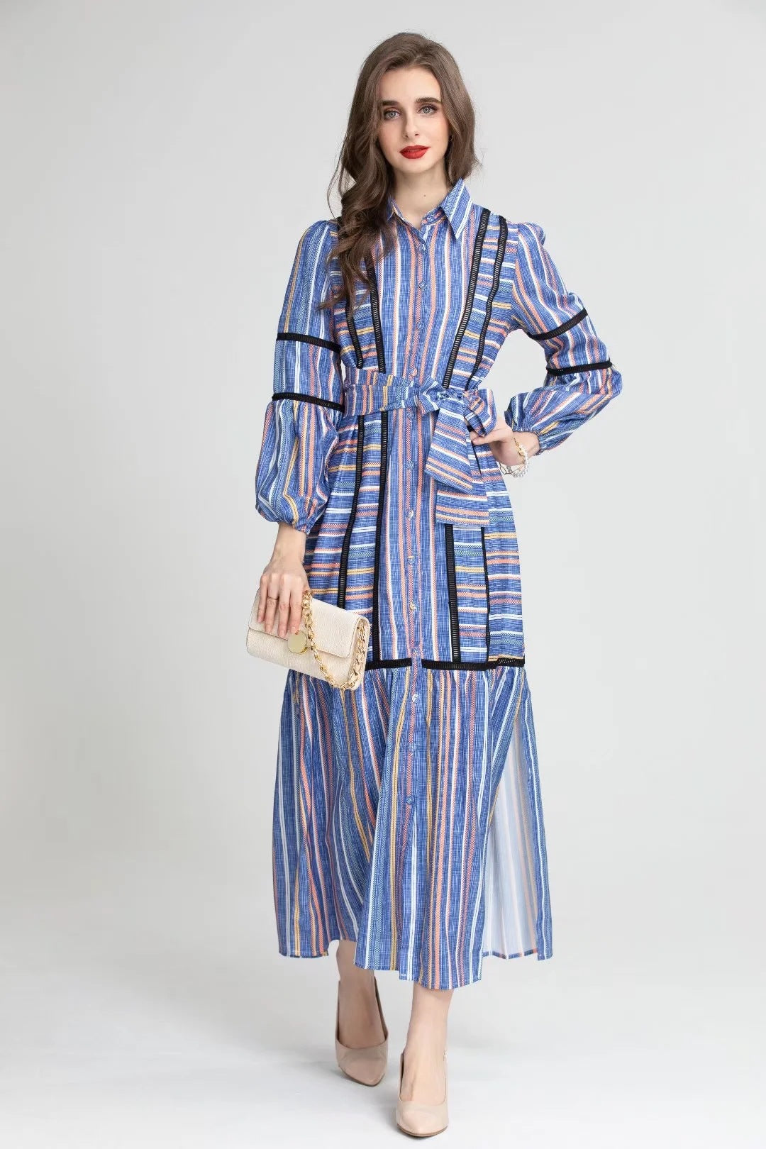 Sienna Striped Lace Retro Dress Long Skirt Women's Clothing Dress
