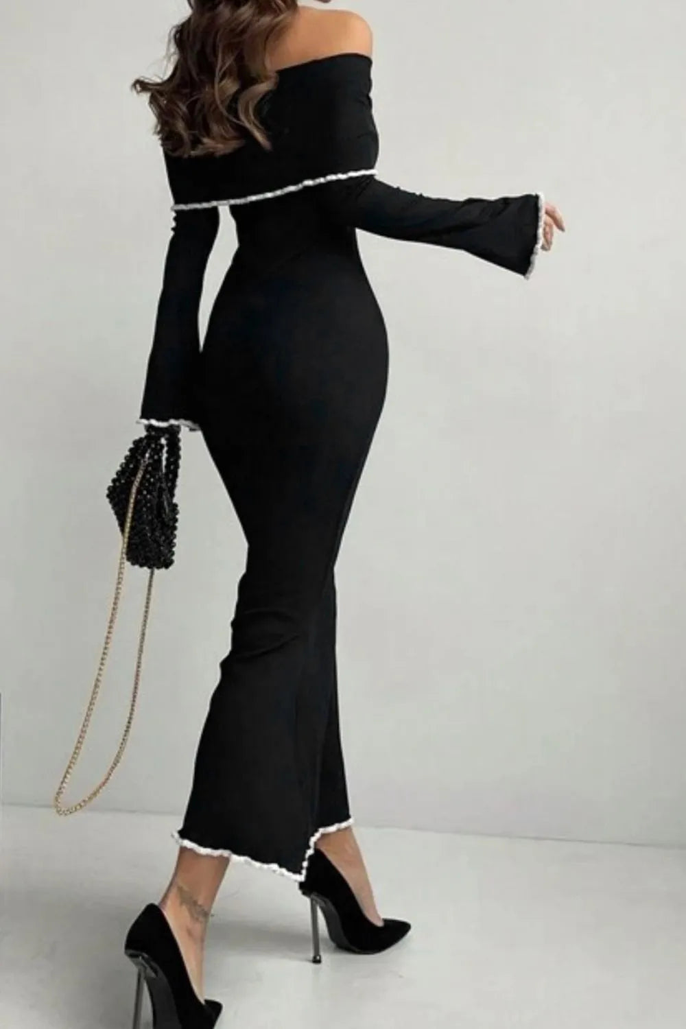 Matet Contrast Trim Off-Shoulder Long Sleeve Maxi Sweater Dress