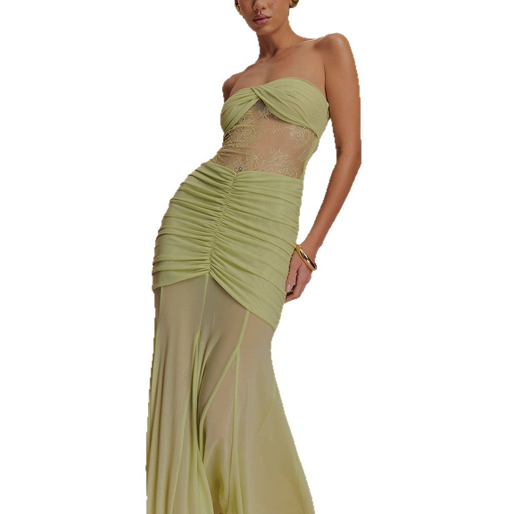 Wevy strapless long dress with pleated perspective dress