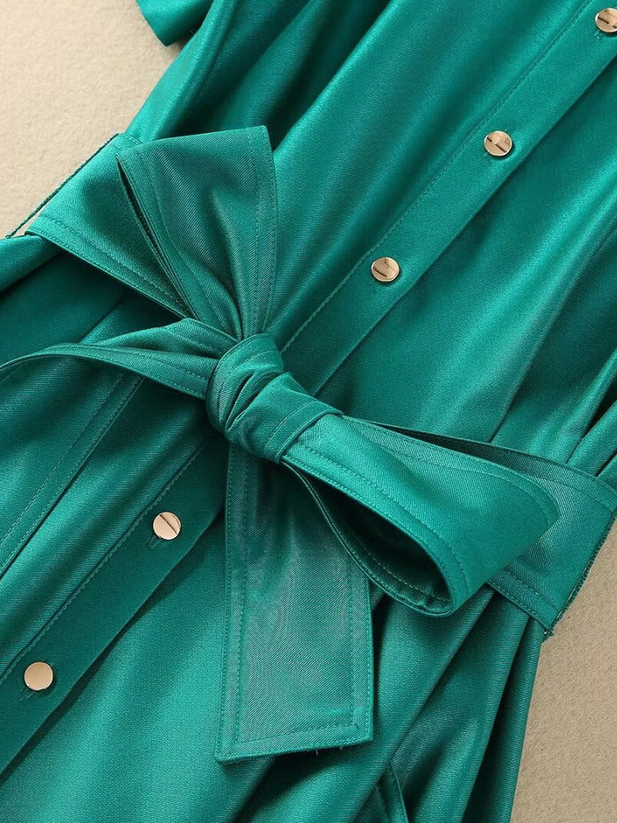 Lapel single-breasted belt mid-waist large hem mid-length Dress