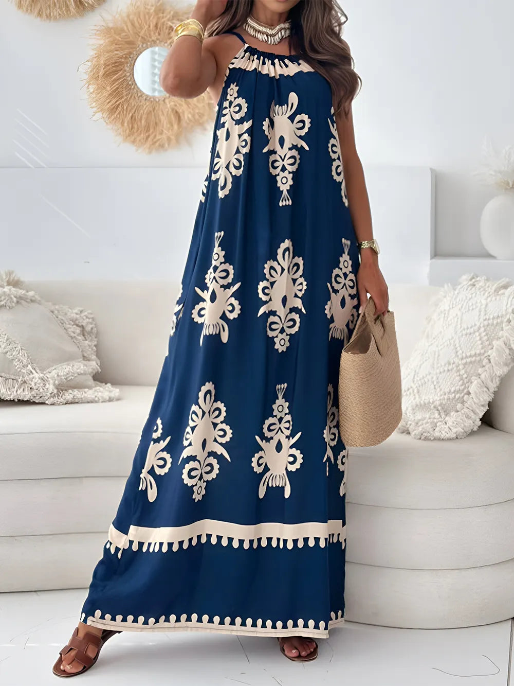 Charissa Printed Spaghetti Strap Sleeveless Maxi Dress