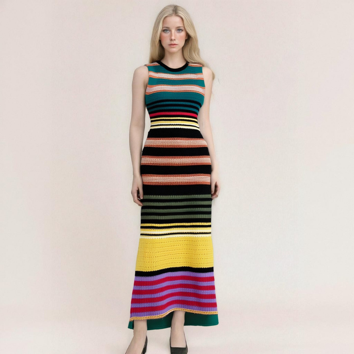 Lorna Colorful Horizontal Striped Jacquard Woven Slim Fit Knit Dress