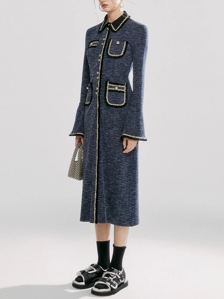 Ollana Lapel Spliced Pockets Long Sleeve High Waist Single Breasted Dress