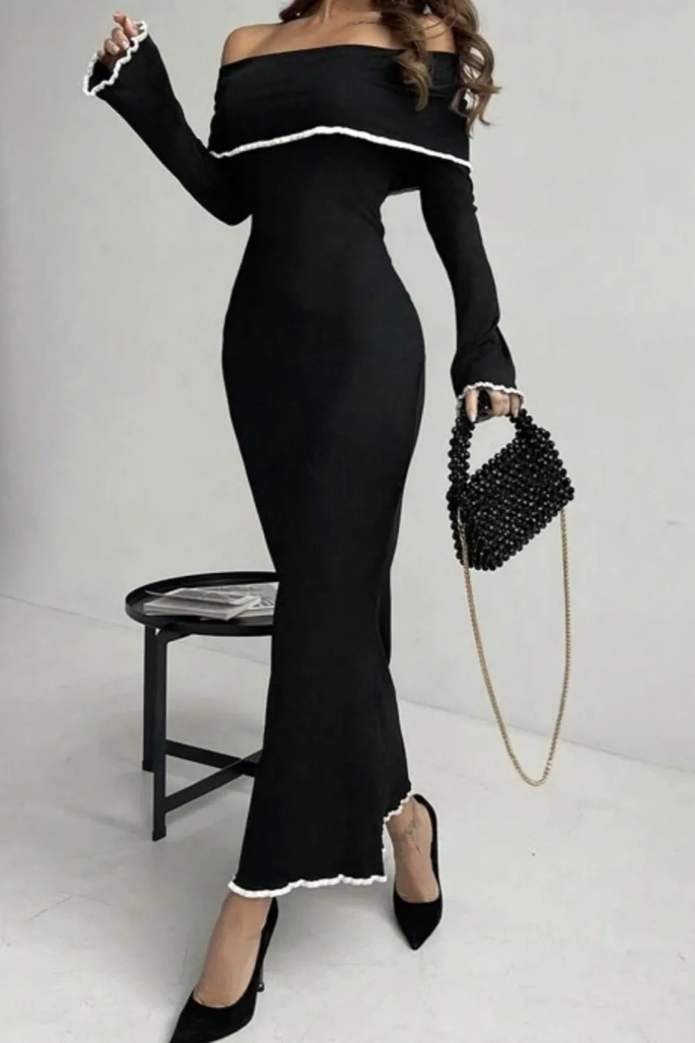 Matet Contrast Trim Off-Shoulder Long Sleeve Maxi Sweater Dress