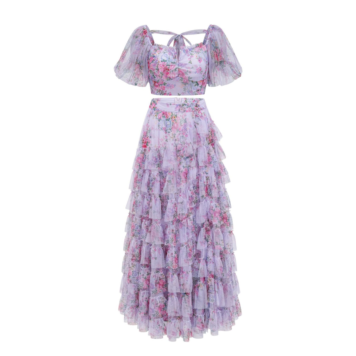 Willow Forest Fairy Style Print Short Sleeve Crop Top and High Waist Long Skirt Two-Piece Set