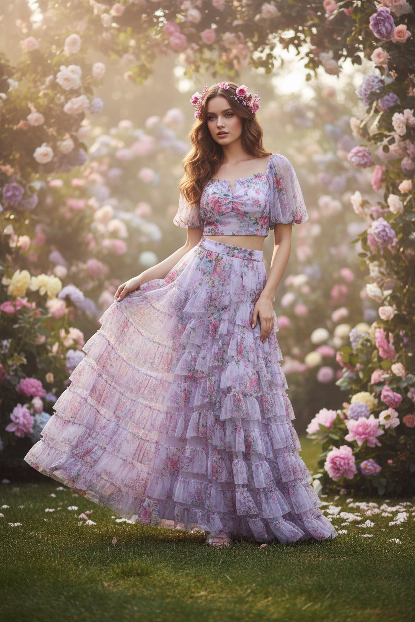 Willow Forest Fairy Style Print Short Sleeve Crop Top and High Waist Long Skirt Two-Piece Set