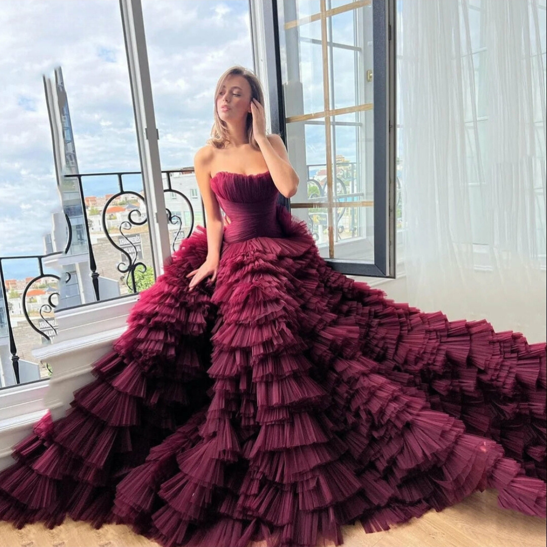 Vanilla Vogue Burgundy Tulle Evening Dress