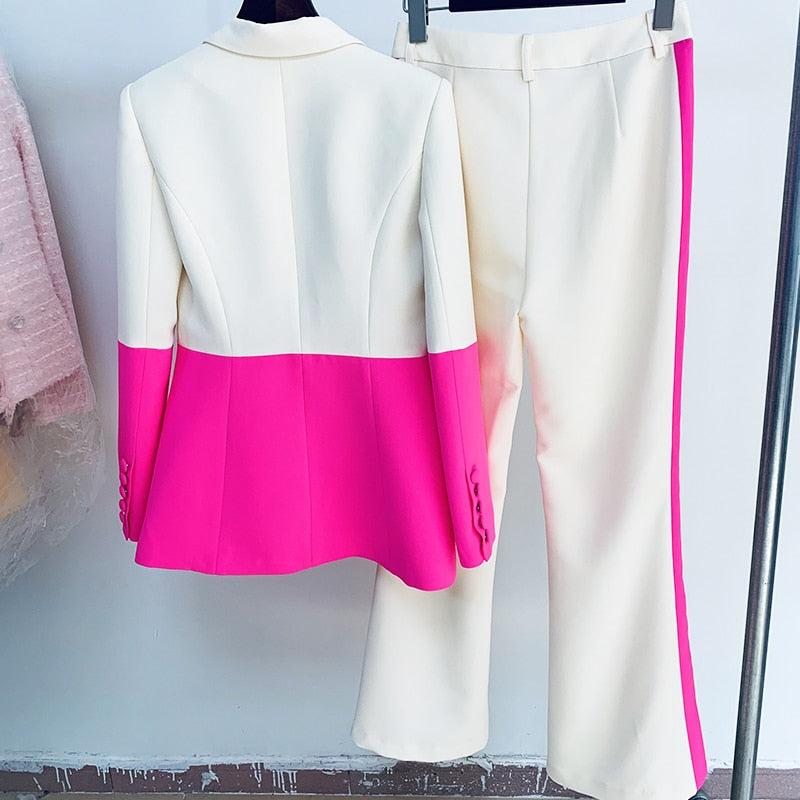 Nicolai Designer Runway Suit Set Women's Single Button Color Block Blazer Flare Pants Suit