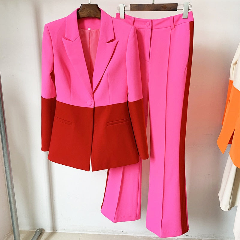 Nicolai Designer Runway Suit Set Women's Single Button Color Block Blazer Flare Pants Suit