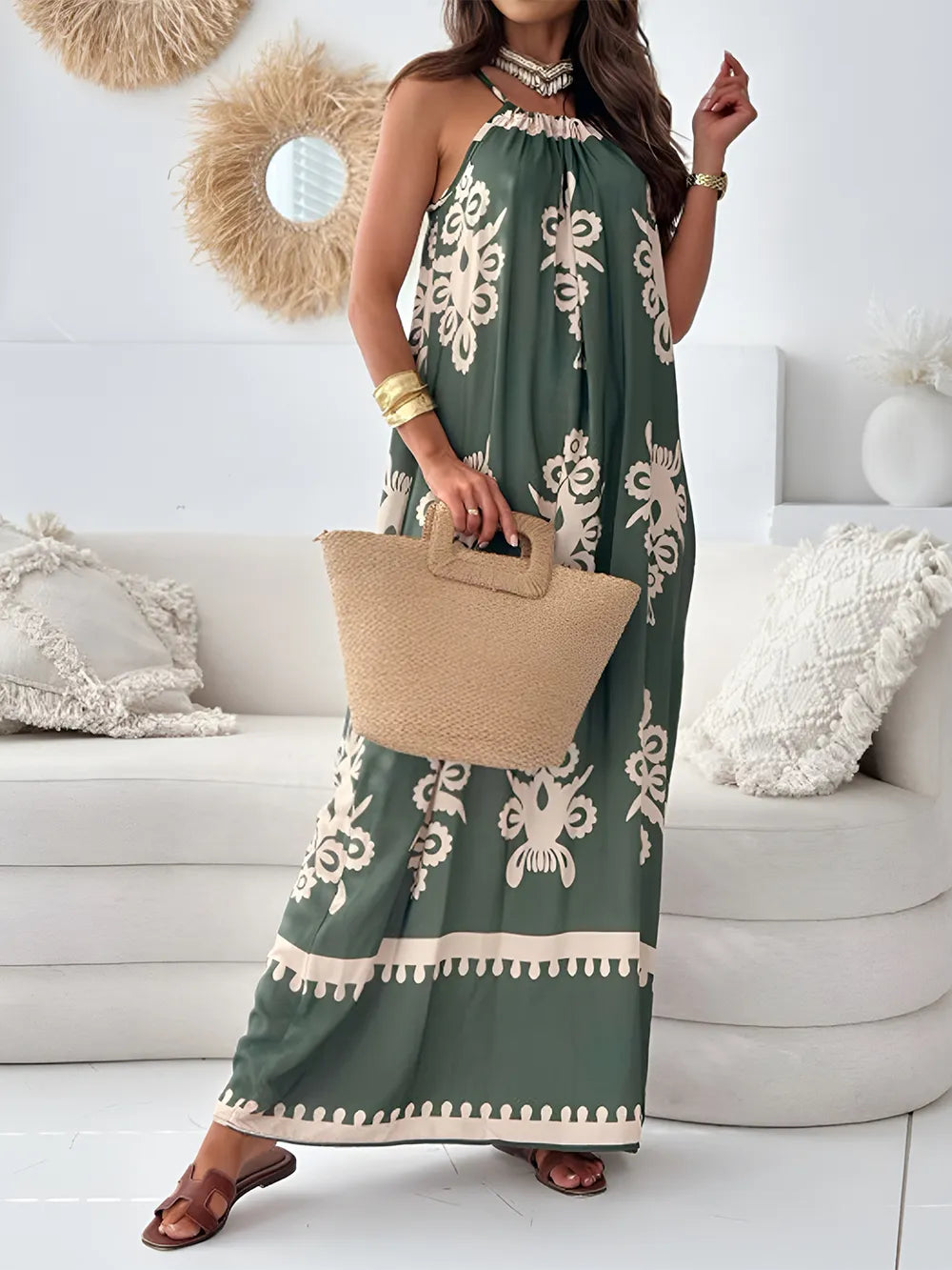 Charissa Printed Spaghetti Strap Sleeveless Maxi Dress