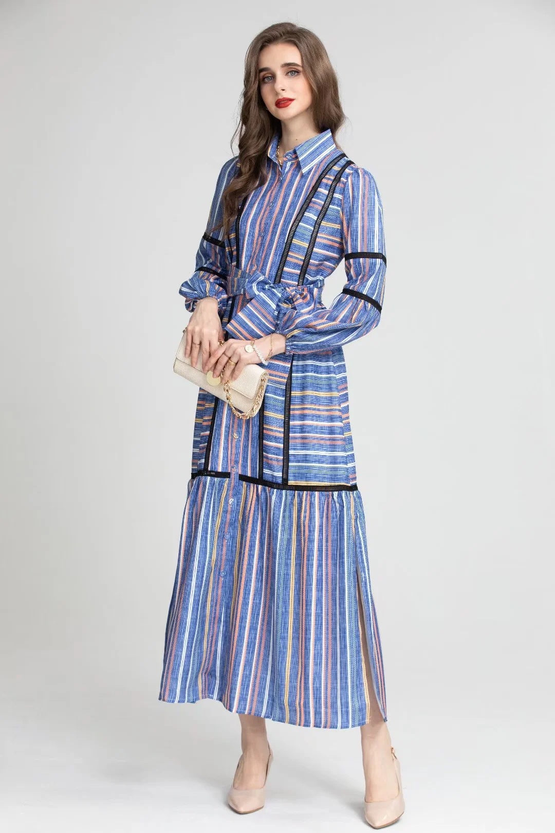 Sienna Striped Lace Retro Dress Long Skirt Women's Clothing Dress