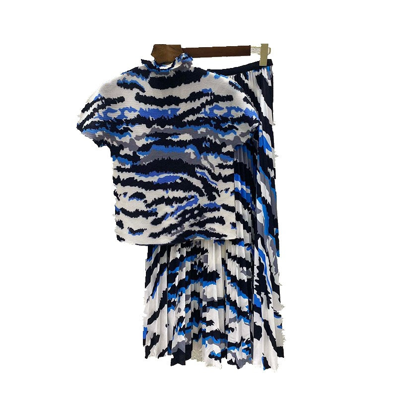 Polly Pleated Set Women Summer Elastic Slimming Stand Collar Short Sleeve T-shirt Top Long Skirt Fashion
