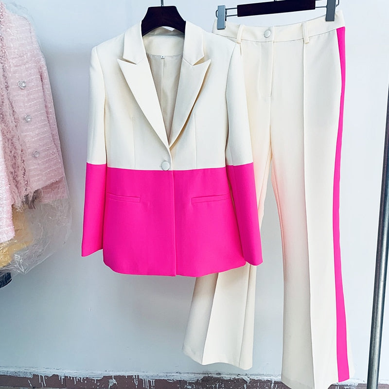 Nicolai Designer Runway Suit Set Women's Single Button Color Block Blazer Flare Pants Suit