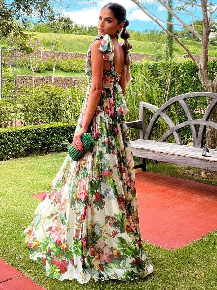 Sachzna Rose Print Patchwork Long Dress for Women