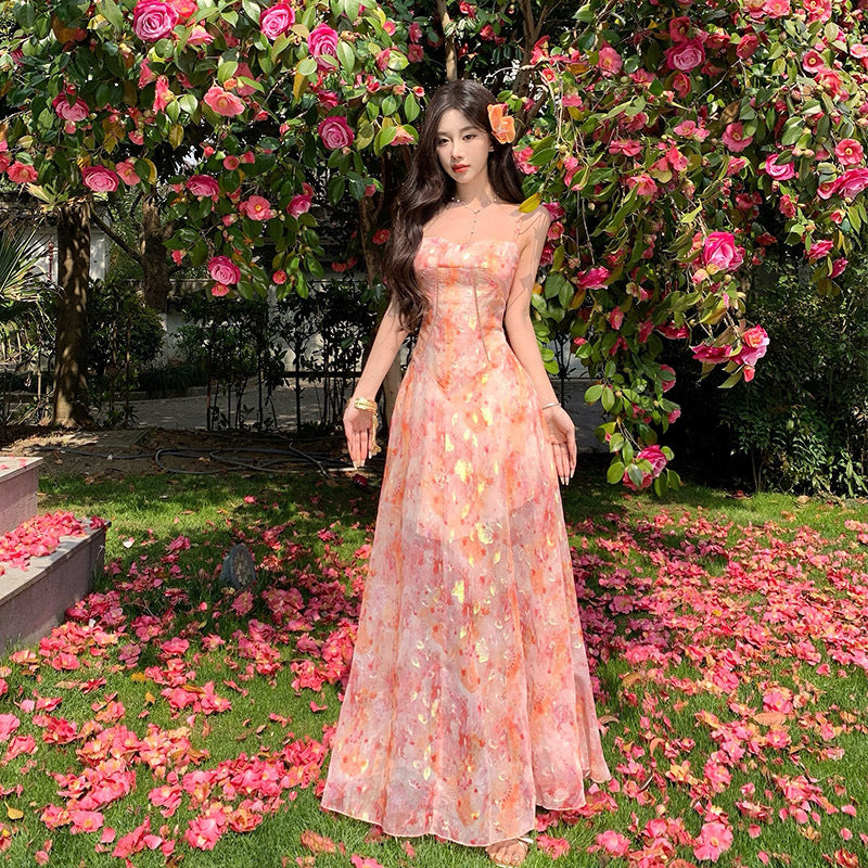 Jenny Jacquard Chiffon Strapless Maxi Dress Beach Vacation Atmosphere Dress
