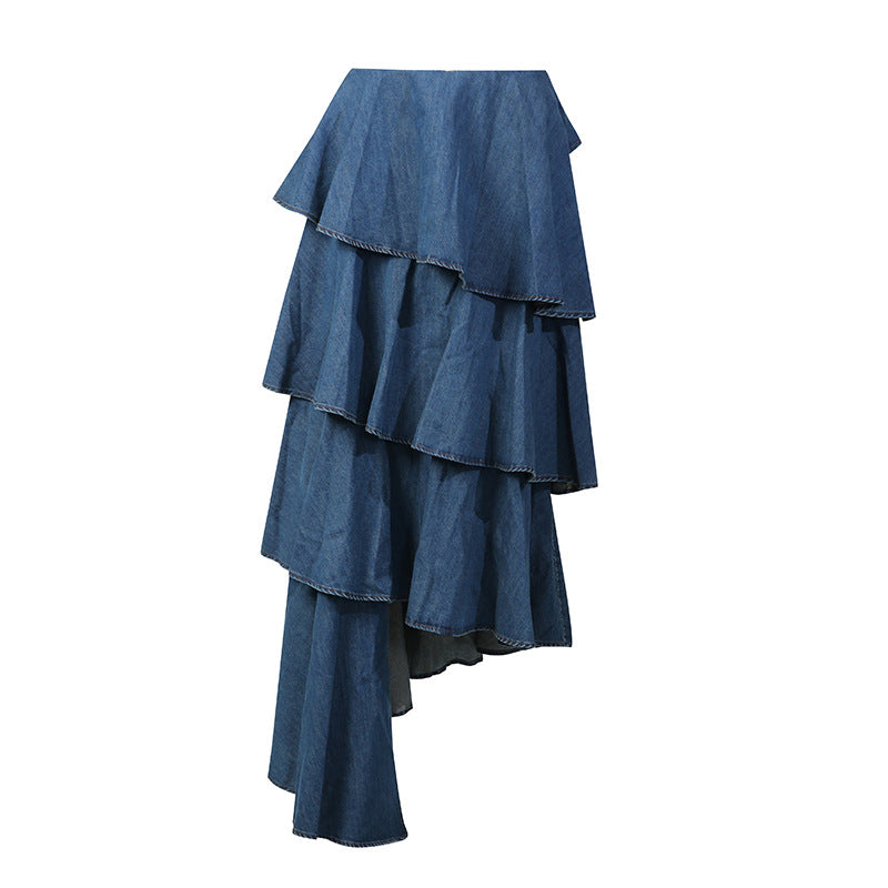 Retro Denim Layered Long  Half Skirt+Shirt Two-Piece Set