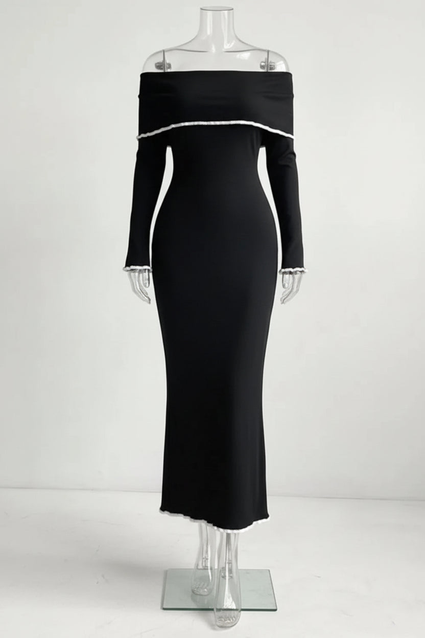 Matet Contrast Trim Off-Shoulder Long Sleeve Maxi Sweater Dress
