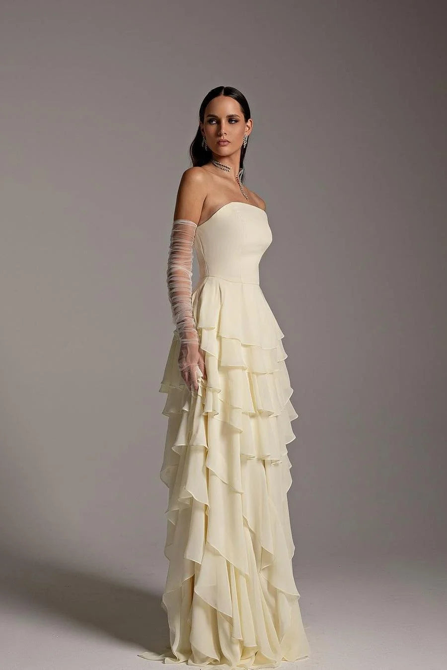 Sheryl Strapless Evening Dress with Ruffle Gloves
