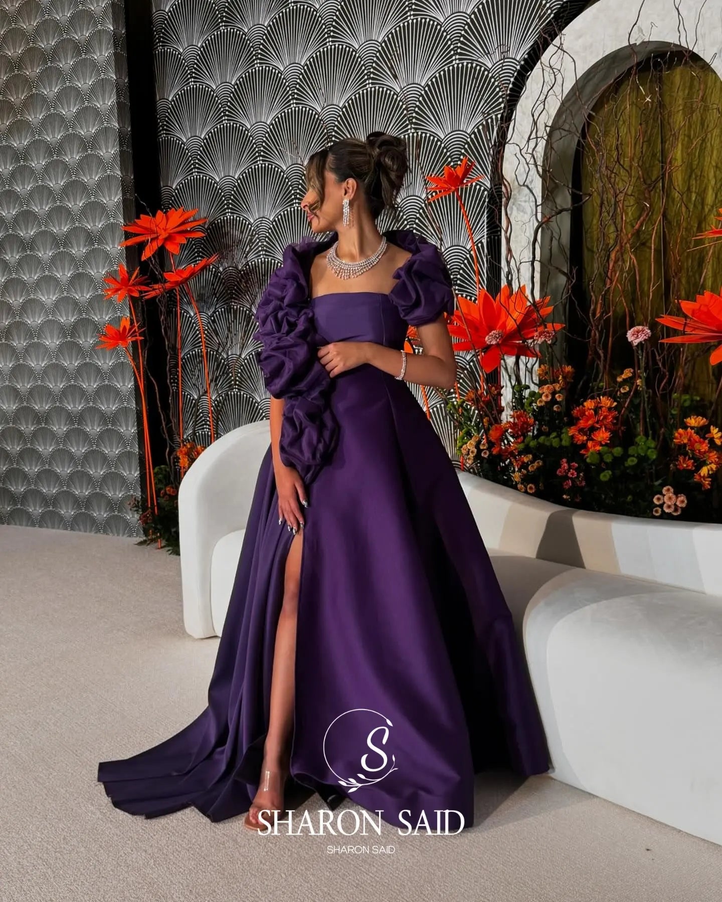 Jean Elegant Purple High Side Slit Evening Dress with Ruffle Capelet