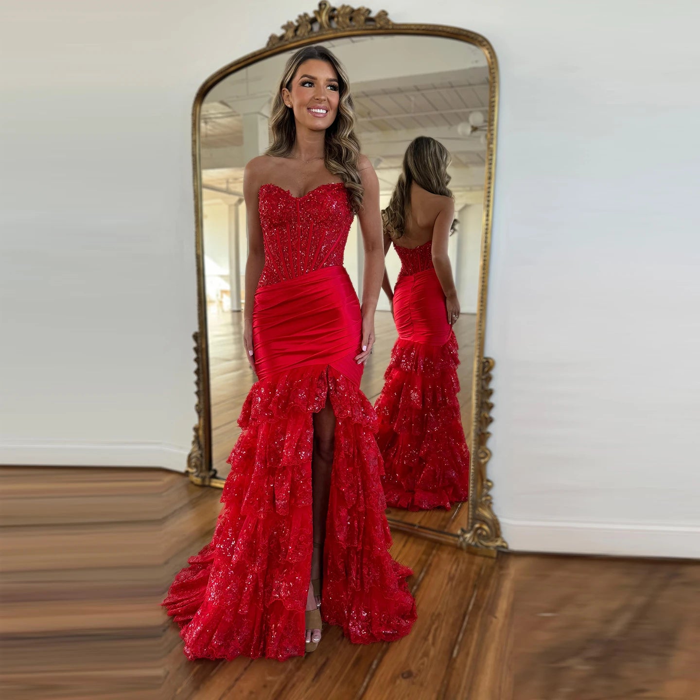 Winona Wine Red Strapless Mermaid Sequined Prom Dress