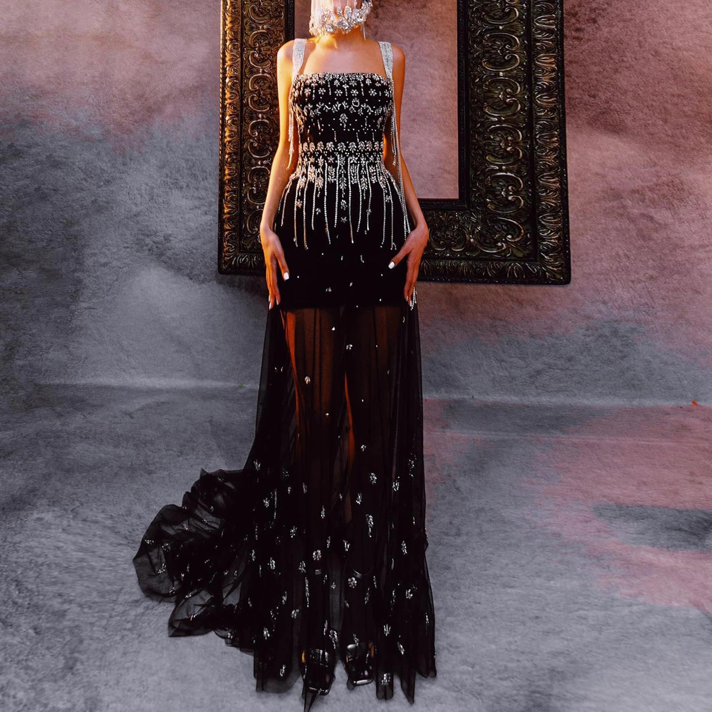 Luxury Crystal Tassle Black  Evening Dress with Straps / Cape Strapless Gown