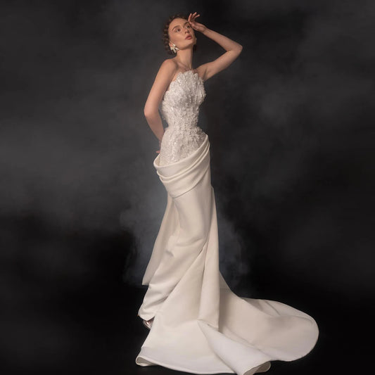 Strapless Lace and Satin Mermaid Evening Gown with Draped Train