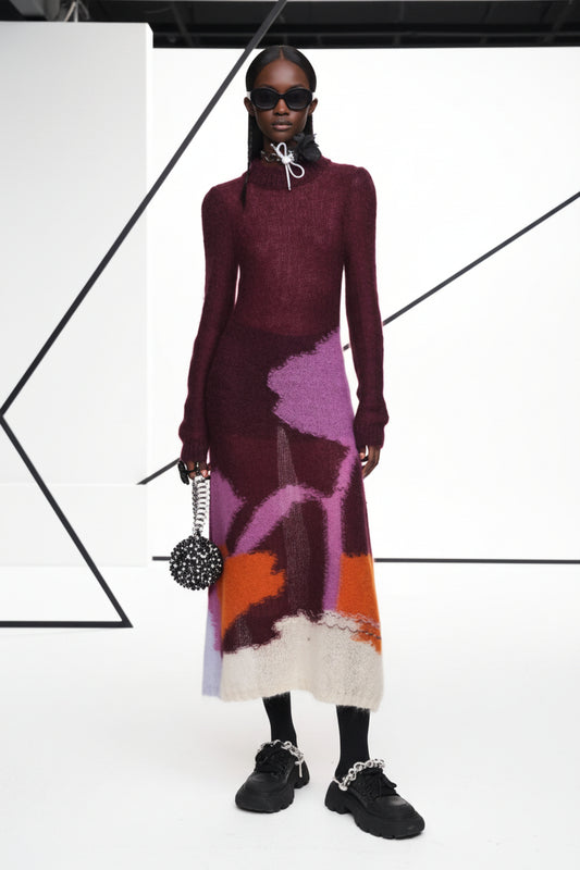 Fretzy Fashionable contrasting pattern soft and sticky mohair knitted dress sweater long skirt