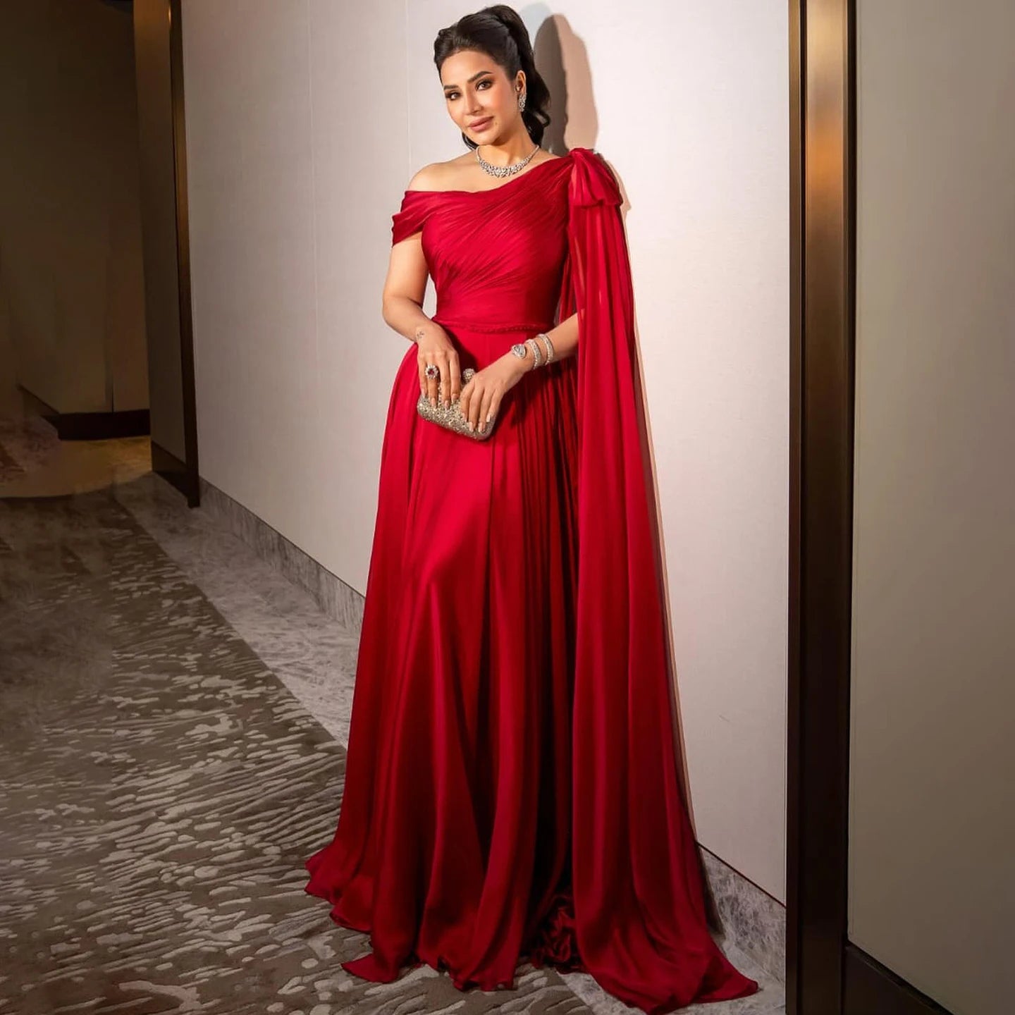 Camille Dubai Red Off Shoulder Elegant Evening Dress