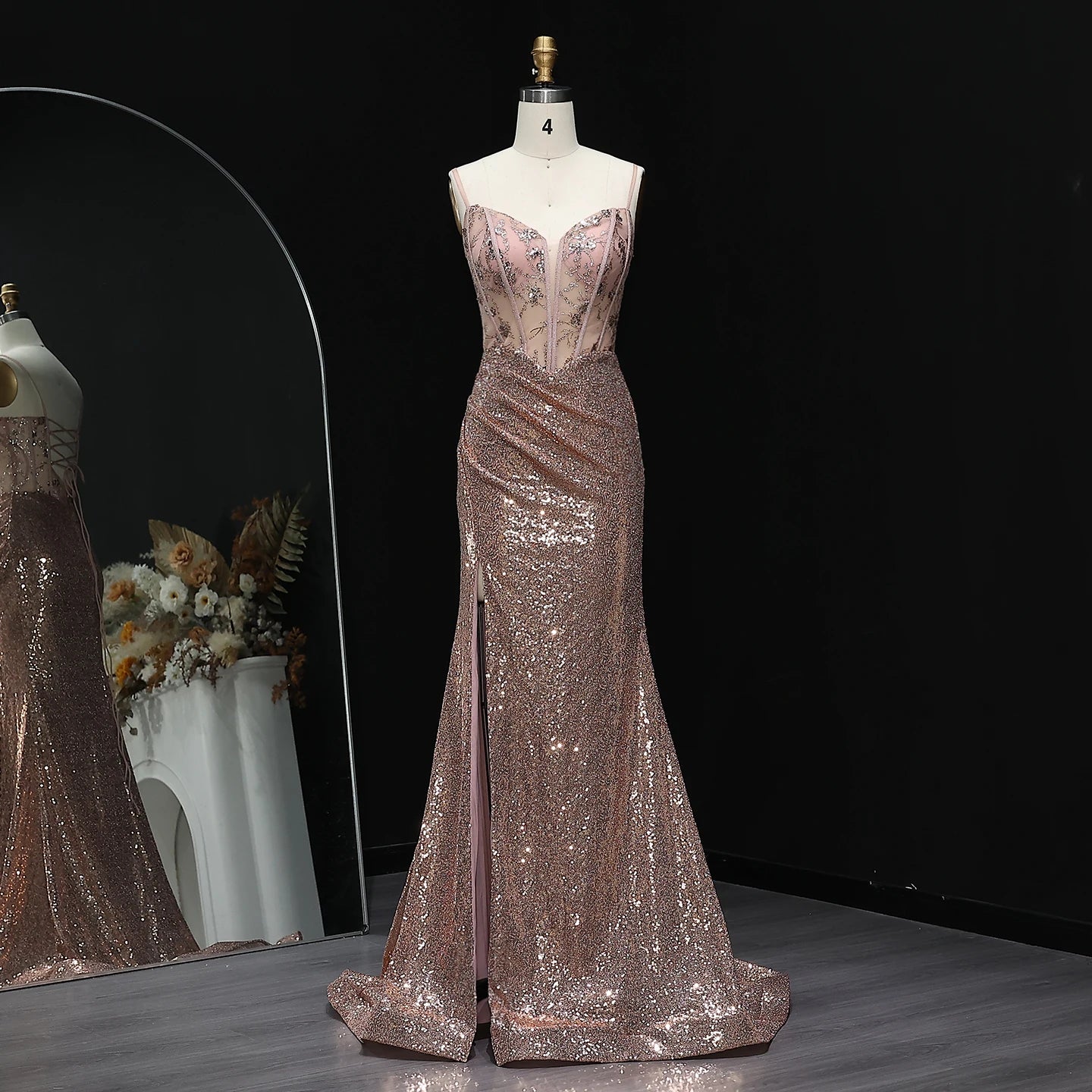 Athena Sequined Corset Sheer Prom Dress with Slit