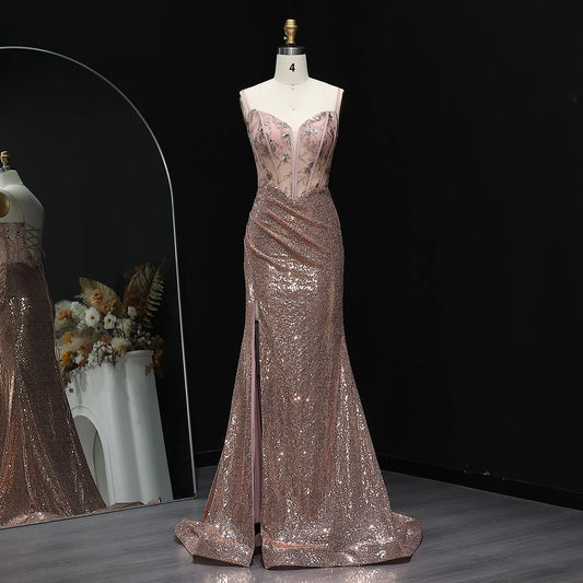 Athena Sequined Corset Sheer Prom Dress with Slit