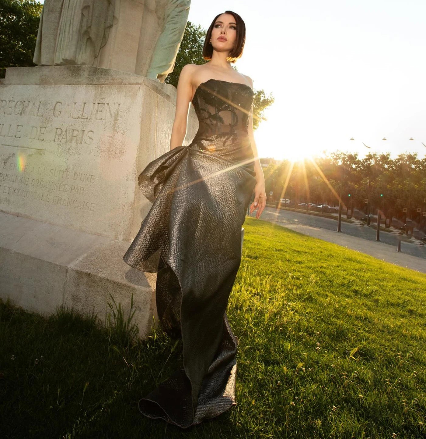 Adele Strapless Sequin Evening Dress with Knot Black