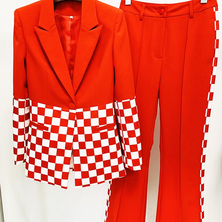 Nicolai Designer Runway Suit Set Women's Single Button Color Block Blazer Flare Pants Suit
