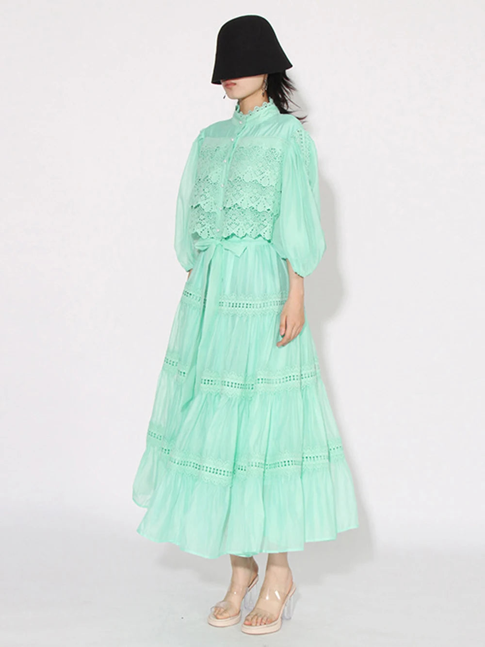 Eva  Stand Neck Short Sleeve  Lace Up Dress