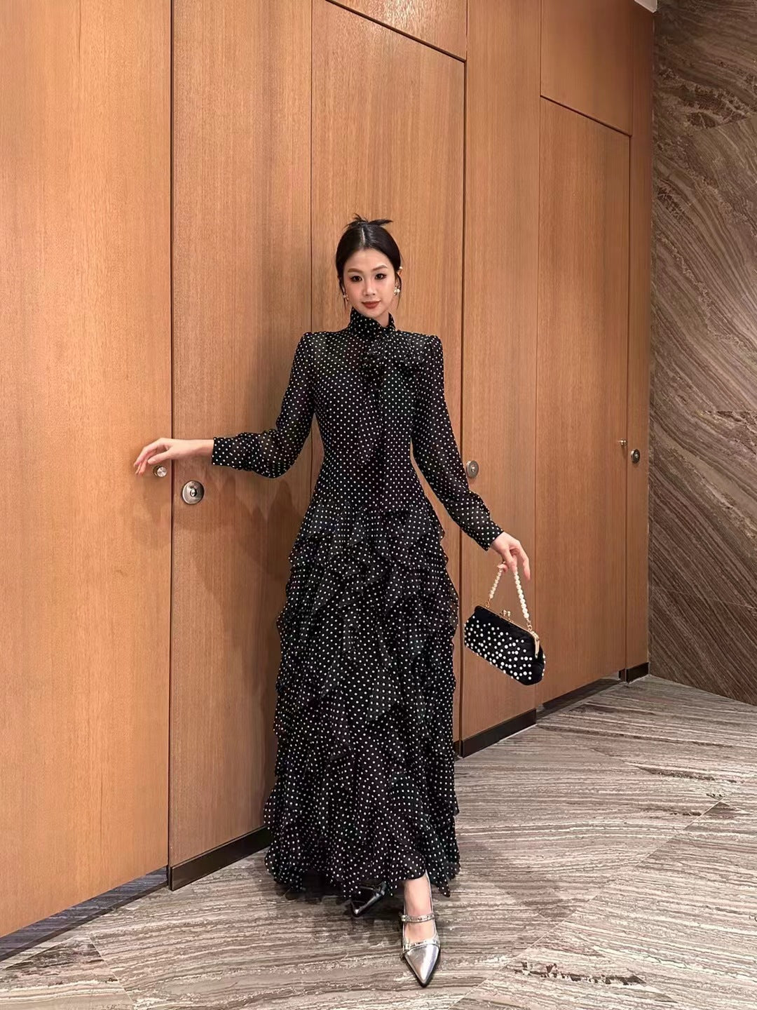 Hanna Polka Dot Print Waist Cinched Ruffle Edge Dress