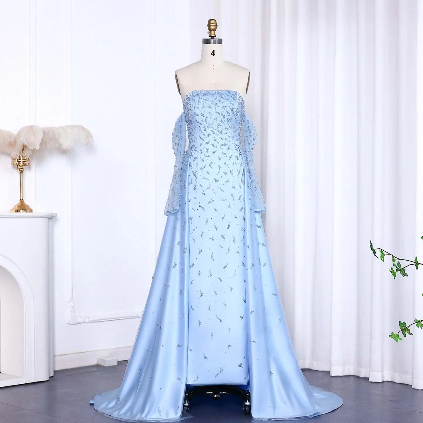 Kira Silver Gray Luxury Dubai Evening Dress with Overskirt Sleeves