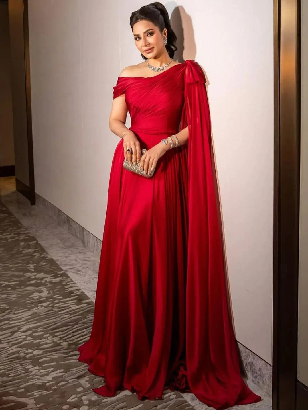 Camille Dubai Red Off Shoulder Elegant Evening Dress