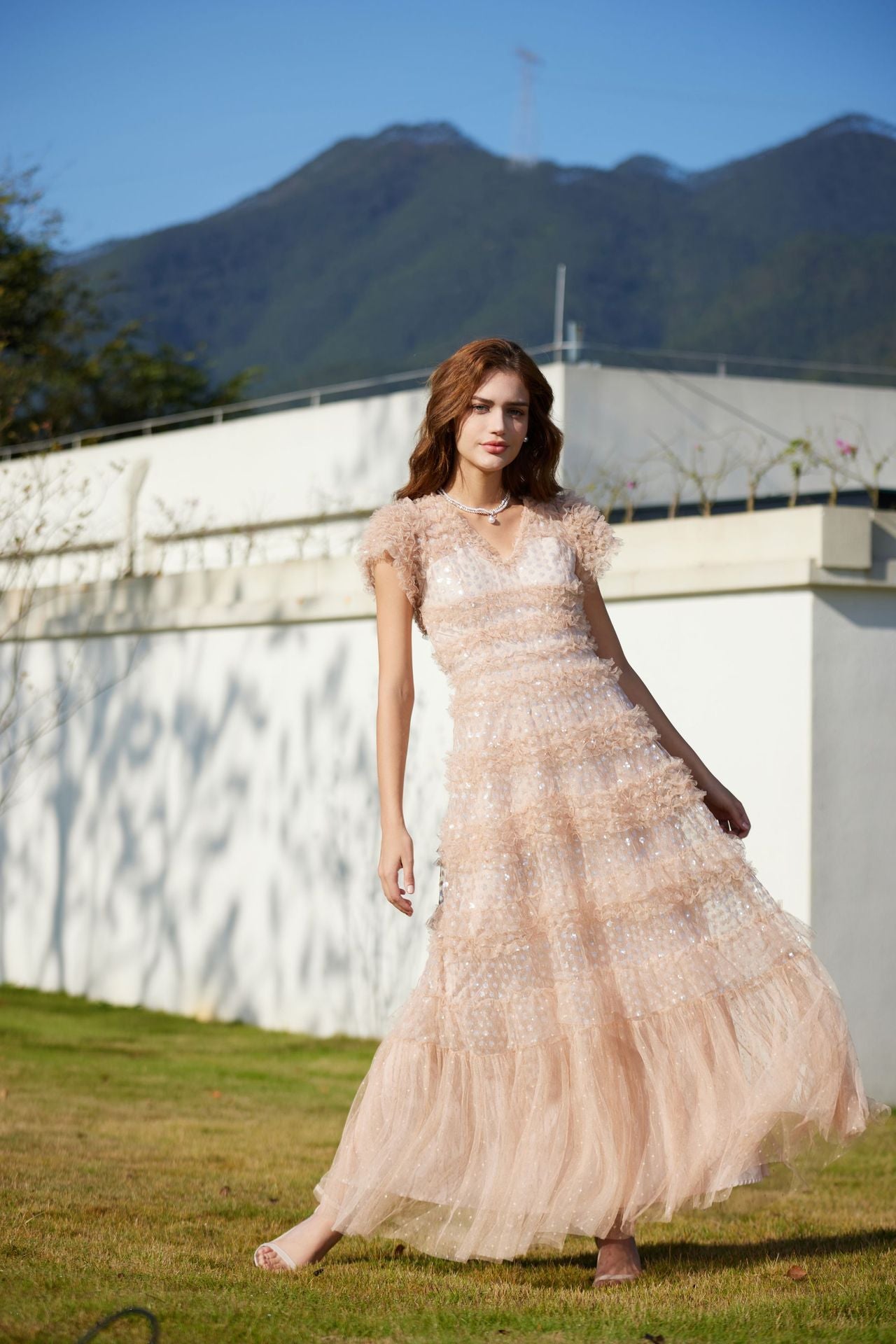 Aurora V-neck Short Sleeve Long Dress with Sequins