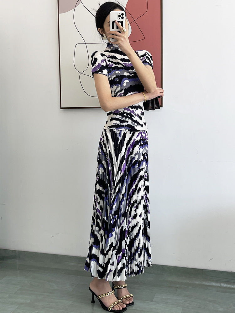 Polly Pleated Set Women Summer Elastic Slimming Stand Collar Short Sleeve T-shirt Top Long Skirt Fashion