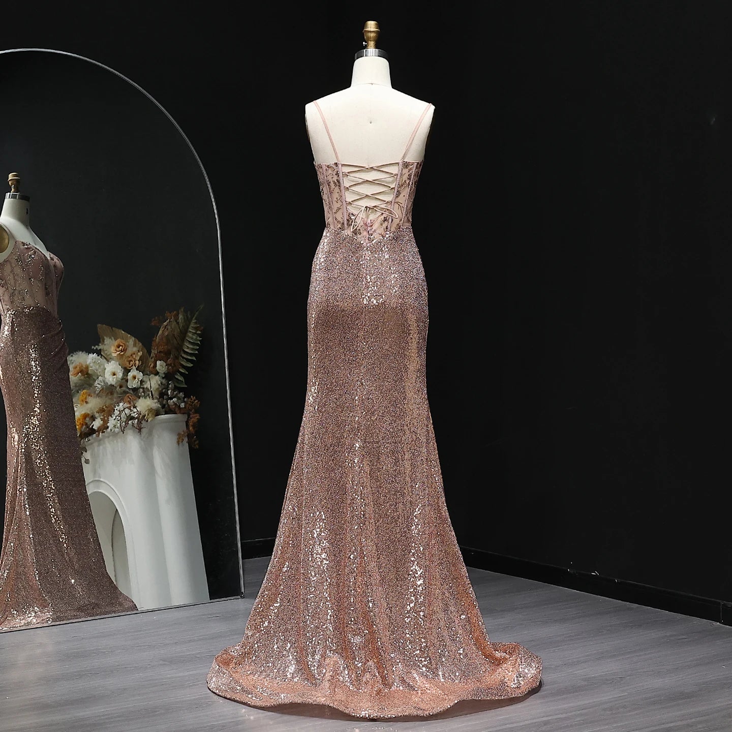 Athena Sequined Corset Sheer Prom Dress with Slit