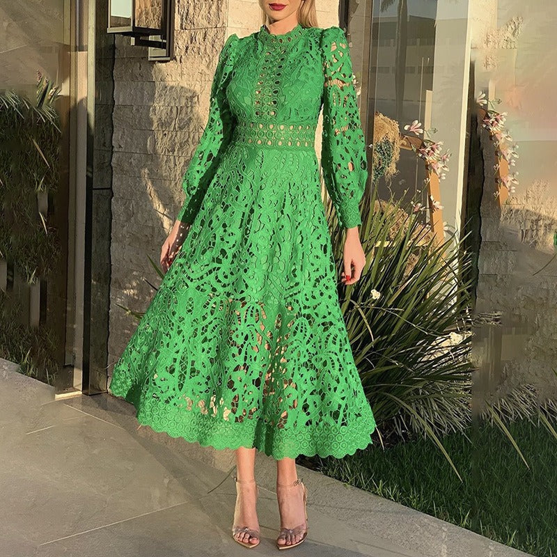 Freya French retro style embroidery large swing skirt bubble sleeve dress