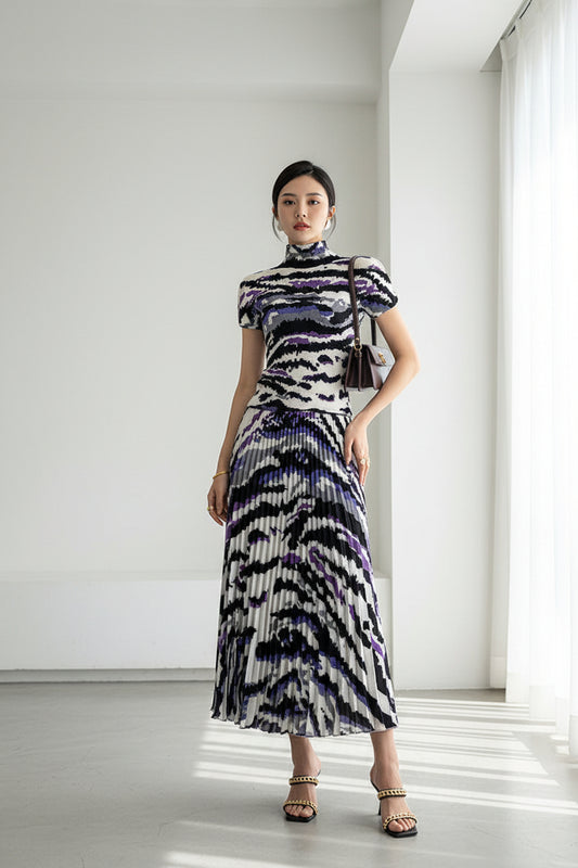 Polly Pleated Set Women Summer Elastic Slimming Stand Collar Short Sleeve T-shirt Top Long Skirt Fashion