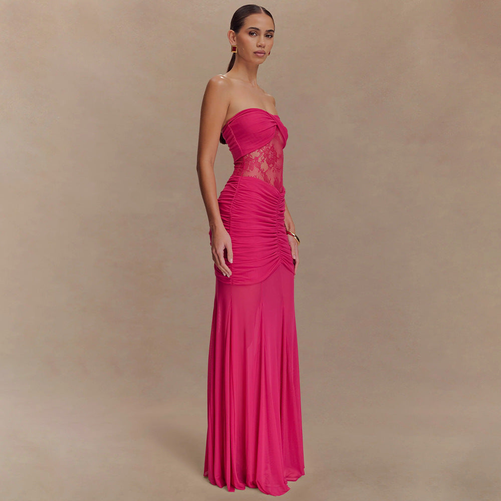 Wevy strapless long dress with pleated perspective dress